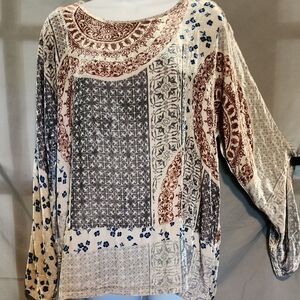 Johnny Was Boho Style Cream and Blue Patterned Blouse